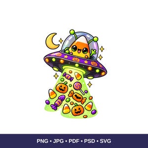 May include: A cartoon illustration of a candy corn character piloting a purple UFO with a glass dome. The spacecraft emits a bright green tractor beam filled with floating Halloween treats, including pumpkins, lollipops, and wrapped candies.