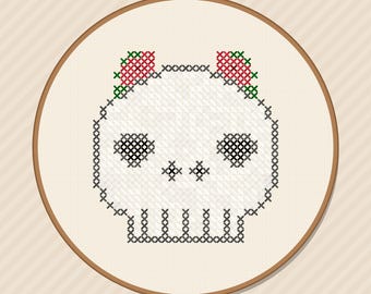 Modèle de point de croix Tête de mort florale, Roses gothiques, PDF pour débutants (Téléchargement instantané)
