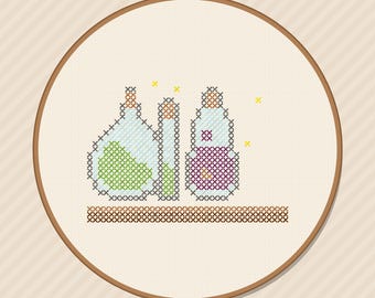 Modèle de point de croix d'étagère à potions de sorcière pour Halloween (téléchargement PDF)