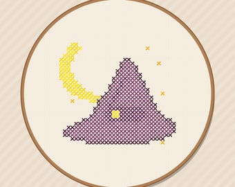 Modèle de point de croix de chapeau de sorcière lune pour Halloween (téléchargement PDF)