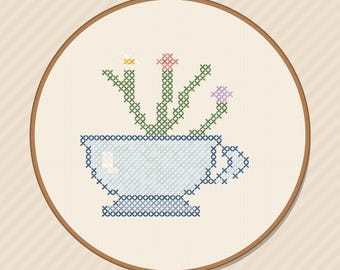Modèle de point de croix de fleurs sauvages dans une tasse à thé, broderie florale champêtre pour débutants (PDF)