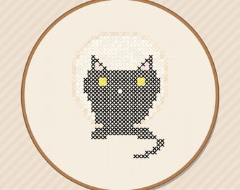 Modèle de point de croix Chat Noir Pleine Lune, thème sorcière d'Halloween, PDF pour débutants (Téléchargement instantané)