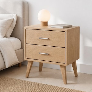 May include: A light-toned wooden bedside table featuring two drawers with silver-toned horizontal handles, supported by four angled legs. A spherical white glass lamp with a wooden base and a small rectangular book rest on the top surface.