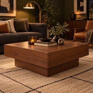 May include: A square, low-profile coffee table crafted from dark brown wood with a visible grain pattern. The table features a thick, overhanging top surface supported by a recessed base, creating a floating effect. The surface is smooth and flat.