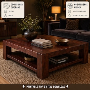 May include: A square wooden coffee table with a dark brown finish and a lower shelf. The table surface holds a stack of three books and a shallow bowl. Text overlays include Dimensioned Diagrams, To Scale, Precise, No Experience Needed, and Printable PDF Digital Download.