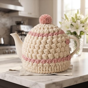 Puede incluir: Una tetera de cerámica blanca cubierta por una funda de ganchillo en color crema y rosa claro. La funda presenta un patrón texturizado de puntos garbanzo, dos rayas horizontales rosas, un pompón rosa arriba y dos botones rosas pequeños.