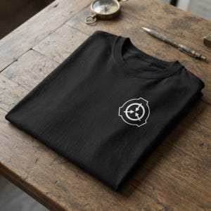 Puede incluir: Una camiseta negra de manga corta con un logotipo circular blanco en el pecho. El logotipo consiste en un círculo central con tres flechas apuntando hacia adentro, encerrado por un borde circular más grande con tres segmentos curvos.