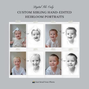 Può includere: Solo file digitale, ritratti di fratelli modificati a mano. L'immagine mostra quattro coppie di foto prima e dopo di bambini, con le foto originali a colori a sinistra e i ritratti modificati in bianco e nero sulla destra.