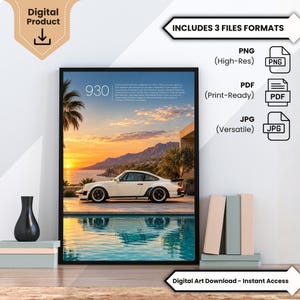 May include: A digital art download featuring a framed poster of a white Porsche 930 sports car parked by a pool at sunset. The image includes text describing the vehicle, with icons indicating PNG, PDF, and JPG file formats are included.