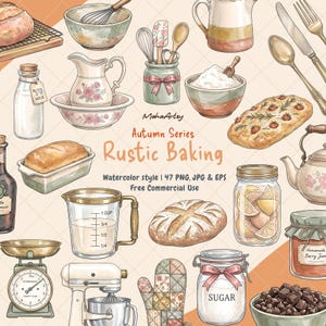 Pode incluir: Uma coleção de ilustrações em aquarela com utensílios de confeitaria e ingredientes, incluindo uma batedeira, balança, copo medidor, potes de açúcar e fatias de limão, vários pães, uma jarra floral e utensílios com o texto "MahaArtsy Autumn Series Rustic Baking".