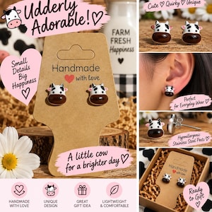 Puede incluir: Un par de pendientes de botón con forma de cabeza de vaca con detalles en esmalte blanco, negro y marrón. Los pendientes cuentan con postes de acero inoxidable y se presentan en una tarjeta de cartón con el texto Handmade with love.
