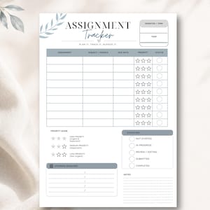 May include: A white assignment tracker sheet with blue leaf accents. The header reads Assignment Tracker, Plan It, Track It, Achieve It. It includes columns for assignment, subject, due date, priority stars, and status circles, plus a priority guide, status key, upcoming deadlines, and notes section.