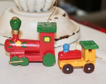 Two Vintage Wooden Christmas Tree Ornaments Colorful Christmas Trains Choo Choo Train Ornaments