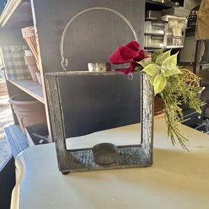 Square Teal Metal Tea Light Lantern: Holiday Ribbon & Greenery