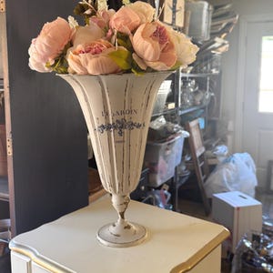 Distressed White Metal Urn Vase: French Country Floral Arrangement