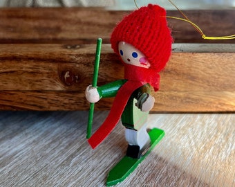 Skiing Ornament Vintage Wooden Ski Elf/Boy Ornament Wearing a Red Stocking Cap
