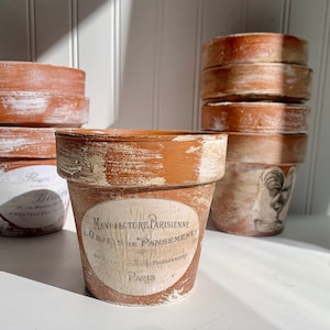 Distressed Vintage Terracotta pots French Country Graphics on Each Pot