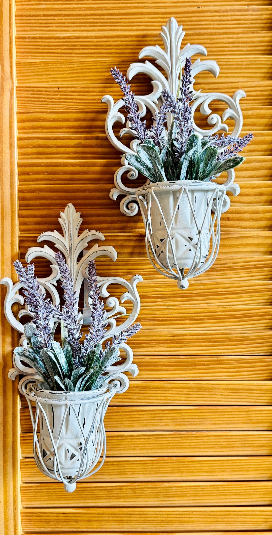 A Pair of French Country Metal Wall Art Floral Decor White Vase With