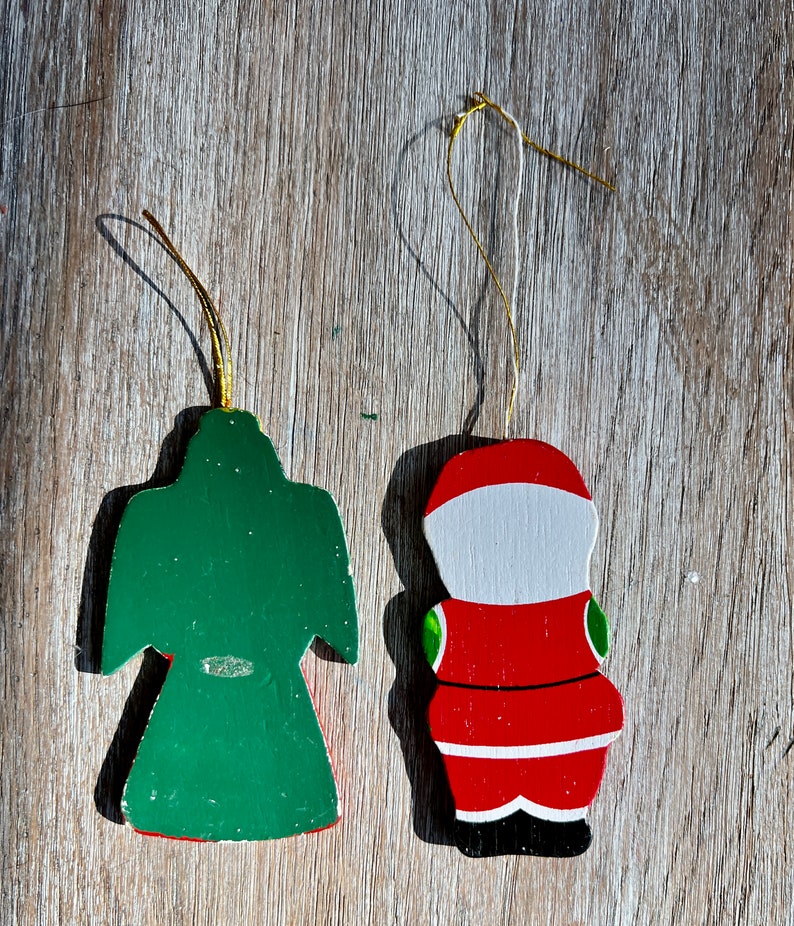 Two Kurt Adler Ornaments Flat Wooden Christmas Tree Ornaments Santa Clause and AngelHand Painted Ornament Made in Taiwan image 2