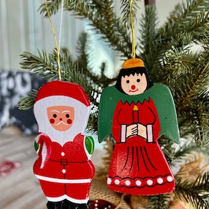Two Kurt Adler Ornaments Flat Wooden Christmas Tree Ornaments Santa Clause and AngelHand Painted Ornament Made in Taiwan image 1