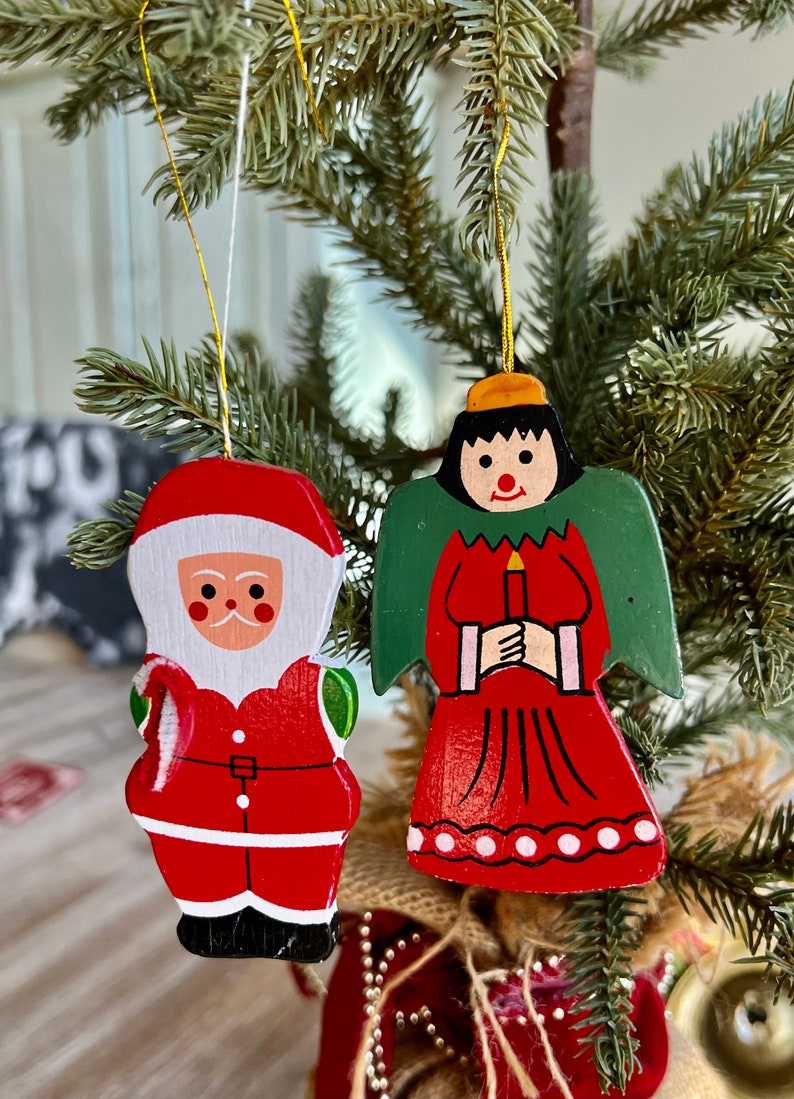 Two Kurt Adler Ornaments Flat Wooden Christmas Tree Ornaments Santa Clause and AngelHand Painted Ornament Made in Taiwan image 1