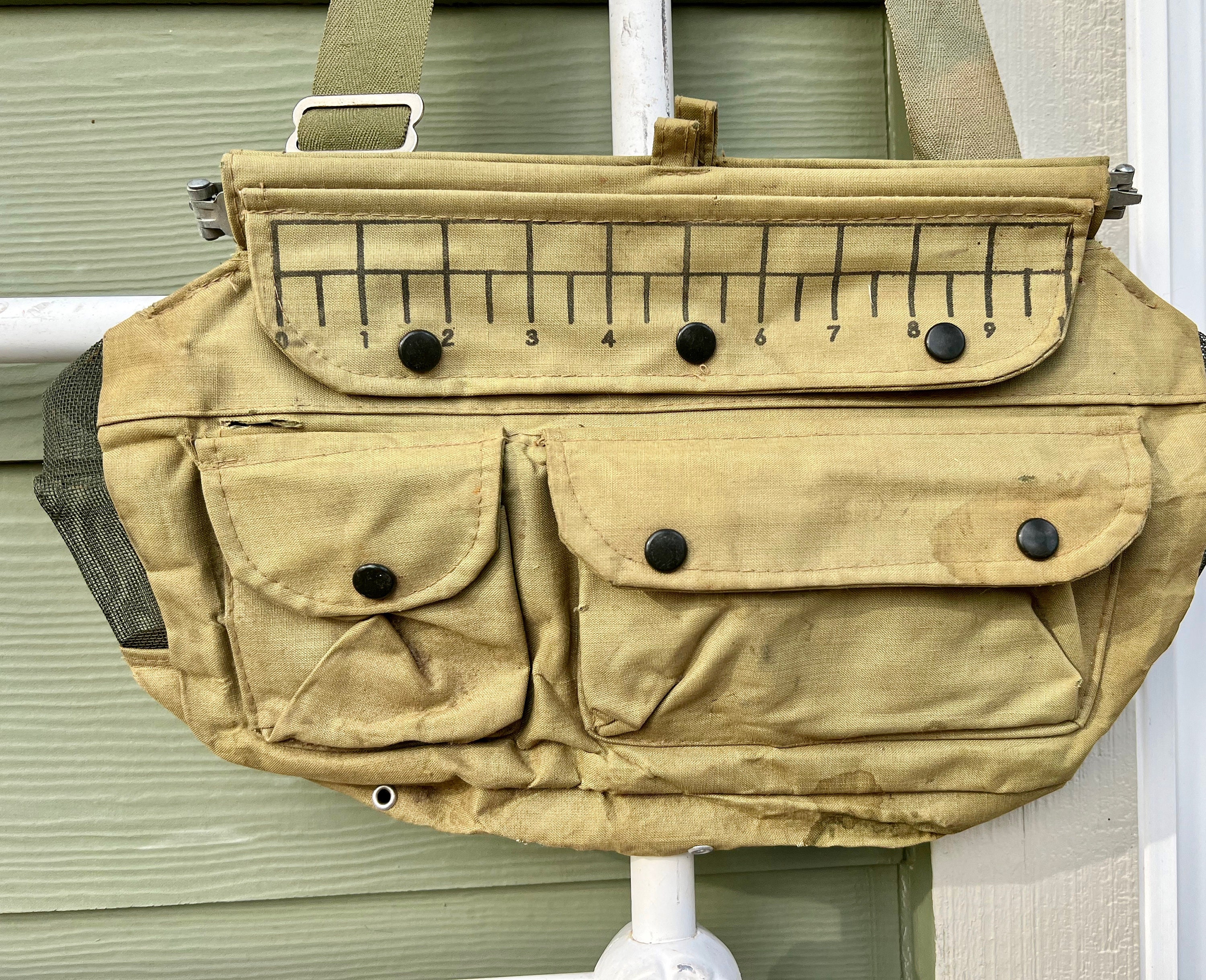 Fishing Creel Vintage Vintage 1940-50's era Canvas Fly Fishing Creel With  shoulder Strap and Imprinted Ruler on Front Flap