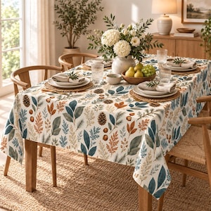 May include: A rectangular tablecloth featuring a watercolor print of autumn leaves, pinecones, and acorns in shades of blue, orange, and green on a cream background. The table is set with white plates, napkins, and a centerpiece of white flowers.