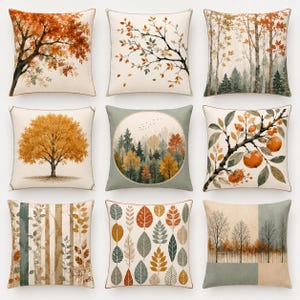 Peut inclure: Un ensemble de neuf coussins carrés présentant diverses illustrations sur le thème de l'automne. Les motifs incluent des arbres orange et marron, des paysages forestiers, des branches avec des feuilles et des fruits, et des feuillages colorés.