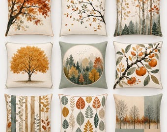 Funda de almohada con diseño de árbol otoñal, decoración botánica de bosque otoñal, naranja y salvia, doble cara, 14/16/18/20/24 pulgadas.