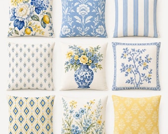 Fodera per cuscino floreale blu e gialla, cuscino botanico mediterraneo, decorazione in stile Chinoiserie, cuscino quadrato double-face, 14/16/18/20/24 pollici