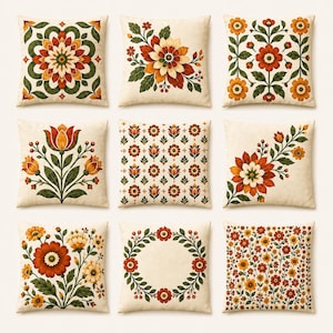 May include: A set of nine square scatter cushions featuring various floral patterns in shades of orange, red, yellow, and dark green on a cream background. The designs include symmetrical mandalas, botanical arrangements, and repeating flower motifs.