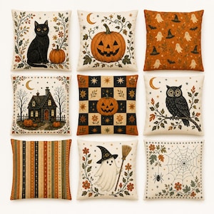 Puede incluir: Un conjunto de nueve cojines cuadrados con ilustraciones temáticas de Halloween que incluyen un gato negro, calabazas, fantasmas, una casa encantada, un búho, una telaraña y patrones otoñales en colores naranja, negro, crema y verde.