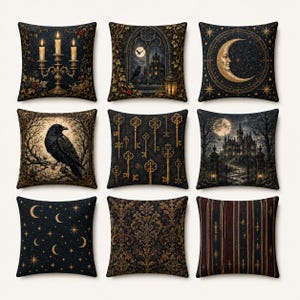 May include: A set of nine square throw pillows featuring dark, intricate designs including a candelabra, a gothic castle, a crescent moon, a raven, vintage keys, a moonlit manor, starry night patterns, damask motifs, and vertical striped textures.