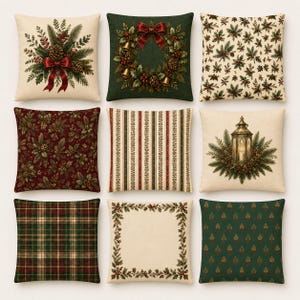 May include: A set of nine square throw pillows featuring various holiday-themed designs including pine branches, pinecones, holly berries, red bows, a wreath, a lantern, plaid patterns, and striped motifs in shades of red, green, and cream.