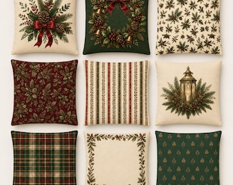 Funda de almohada navideña campestre inglesa, decoración de corona de acebo y pino, almohada cuadrada vintage de doble cara para fiestas, 14/16/18/20/24 pulgadas