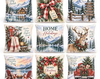Winter Cabin Christmas Pillow Cover, Mountain Lodge Deer Red Truck Wreath, Rustic Holiday Decor, Double-Sided, 14/16/18/20/24 Inch