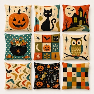 Peut inclure: Un ensemble de neuf coussins carrés présentant des motifs sur le thème d'Halloween, notamment une citrouille, un chat noir, une maison hantée, un chaudron rempli de bonbons, un hibou et divers motifs avec des étoiles, des lunes et des formes géométriques.
