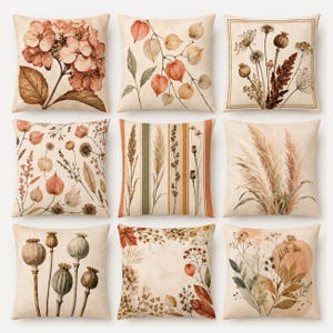 May include: A set of nine square scatter cushions featuring various botanical illustrations in muted earth tones. Designs include hydrangea blossoms, physalis lanterns, dried poppy pods, pampas grass, and vertical stripes on a cream-coloured fabric.