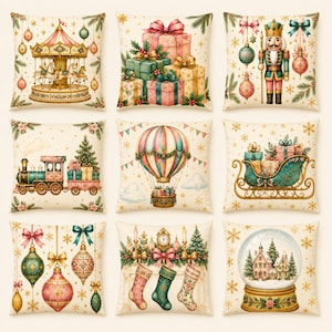 May include: A set of nine square throw pillows featuring Christmas-themed illustrations including a carousel, stacked gift boxes, a nutcracker, a steam train, a hot air balloon, a sleigh, hanging ornaments, stockings on a mantel, and a snow globe.