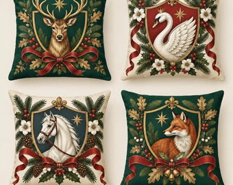 Funda de almohada navideña con animales: ciervo, zorro, cisne y caballo. Decoración navideña vintage con motivos heráldicos. Doble cara. Disponible en 14, 16, 18, 20 y 24 pulgadas.