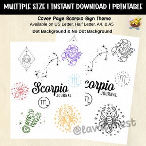 Op de afbeelding: Een printbare Scorpio journal-omslagpagina met meerdere schorpioenillustraties, sterrenbeelden en de tekst Scorpio Journal. Het ontwerp bevat diverse gekleurde lijntekeningen op een witte achtergrond met een puntjesraster.
