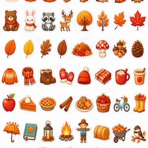 Puede incluir: Una colección de pegatinas con temática otoñal que incluye calabazas, animales del bosque como osos y zorros, follaje de otoño, setas, piñas, ropa de abrigo, bebidas calientes, pasteles, una bicicleta, una hoguera, un espantapájaros y una corona.