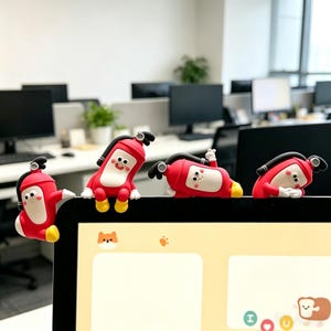Könnte beinhalten: Vier kleine, rot-weiße Feuerlöscher-Figuren mit Cartoon-Gesichtern, weißen Handschuhen und gelben Stiefeln. Jede Figur ist unterschiedlich positioniert und sitzt auf der Oberkante eines Computermonitors, ausgestattet mit schwarzen Schläuchen.