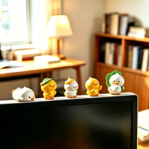May include: A set of five small duck figurines perched on the top edge of a computer monitor. The figures include a white duck lying down, a yellow duck with a green leaf hat, a white duck with a yellow hat, a yellow duck, and a white duck with a green leaf.