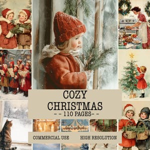 May include: A collage of vintage-style Christmas illustrations featuring children in red winter coats, a child in a red knit hat holding pine branches, a person baking, a decorated tree, and a cat. Text reads COZY CHRISTMAS -- 110 PAGES --.