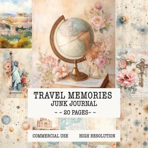 Puede incluir: Un collage digital titulado TRAVEL MEMORIES JUNK JOURNAL -- 20 PAGES -- que presenta un globo terráqueo sobre un libro, rosas rosadas, la Estatua de la Libertad, el Partenón, una llave antigua, mapas celestes y estrellas en tonos acuarela.