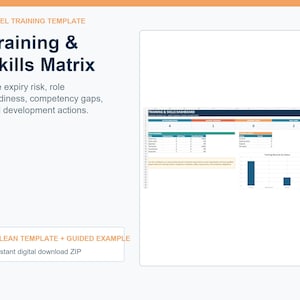 May include: An Excel training template titled Training & Skills Matrix. The document includes a dashboard with data tables, charts, and metrics for tracking expiry risk, role readiness, competency gaps, and development actions in a digital format.