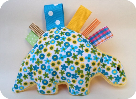 Items similar to Minky yellow dino taggie toy, corduroy plush baby toy ...