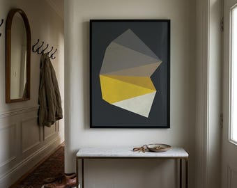 Facetterad geometrisk väggkonsttryck, antracitgrå senapsgul poster, modern abstrakt, oramad