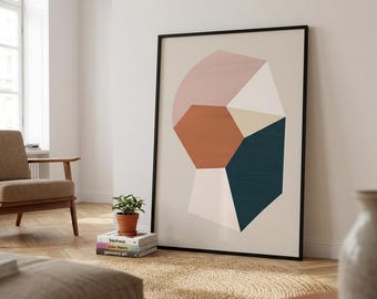 Impressão artística de parede com gema geométrica facetada, pôster em tons de rosa terracota e azul-petróleo, arte abstrata moderna.